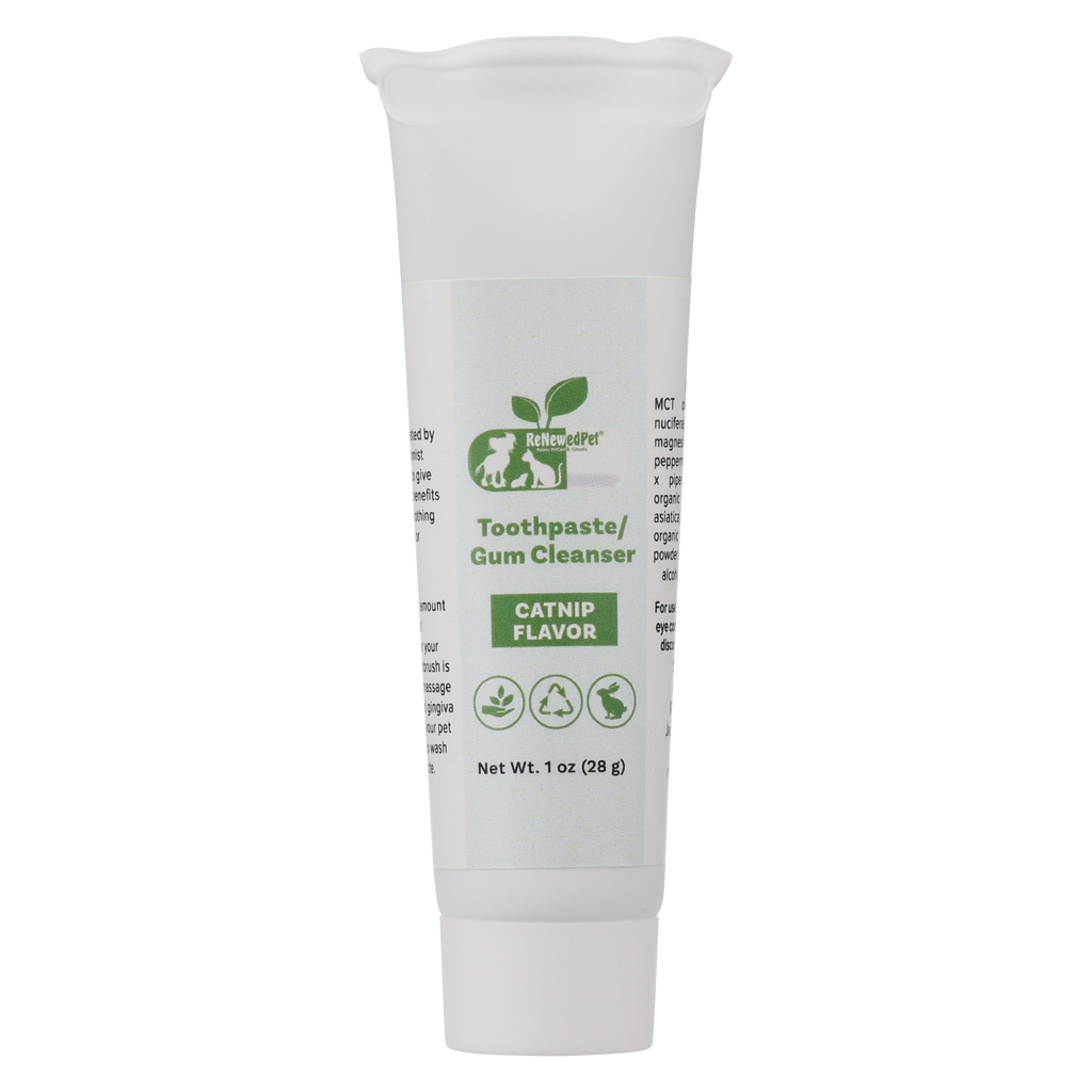 White tube of catnip-flavored toothpaste/gum cleanser 