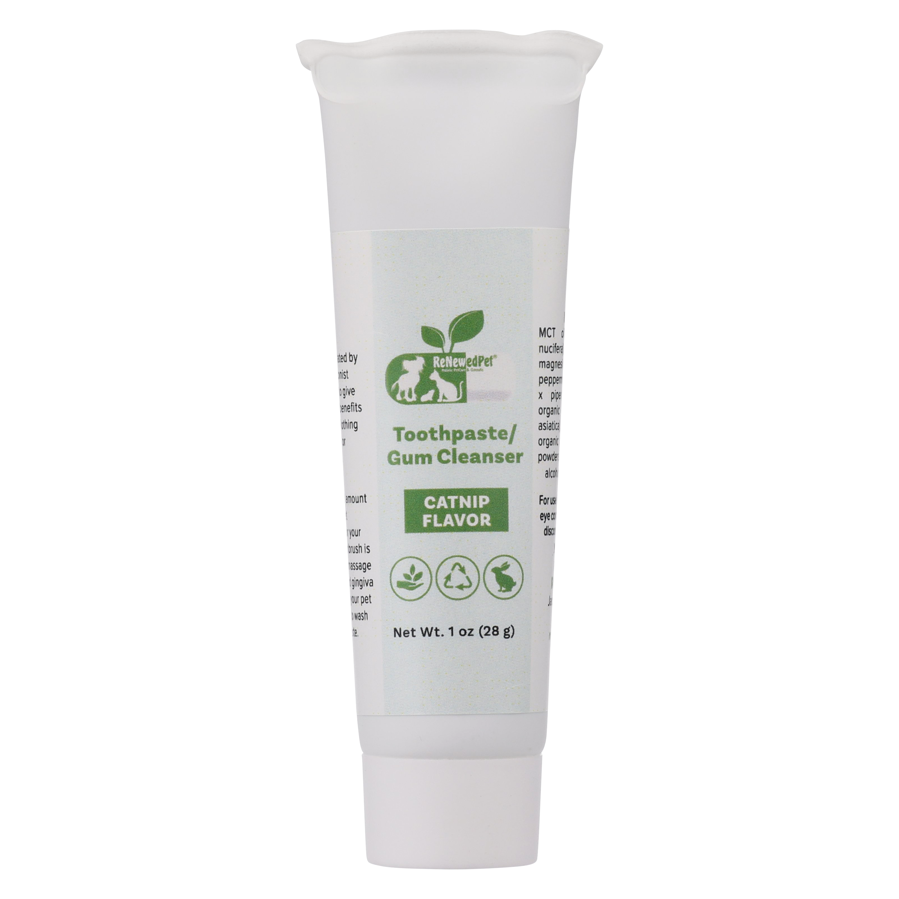 White tube of catnip-flavored toothpaste/gum cleanser 