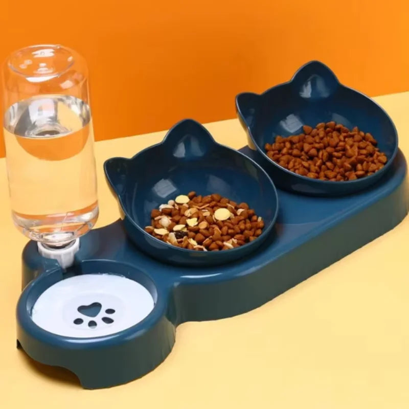 Triple Cat Bowls Pet Feeder, 2-in-1 Double Bowls with Automatic Drinking Bottle, Tilted and Rotatable Design for Cats and Dogs