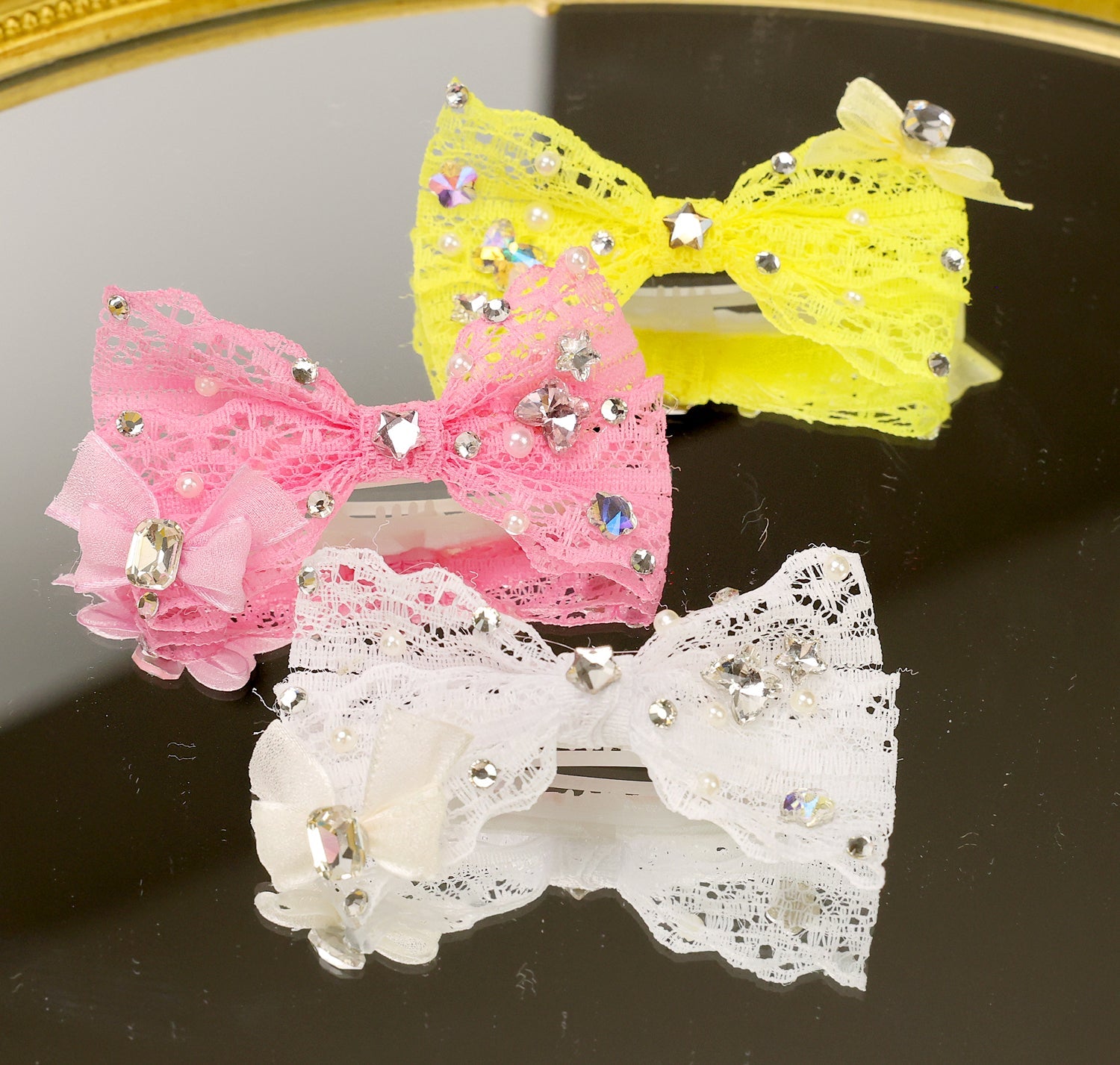 Pet Lace Rhinestone Bow Hair Clip