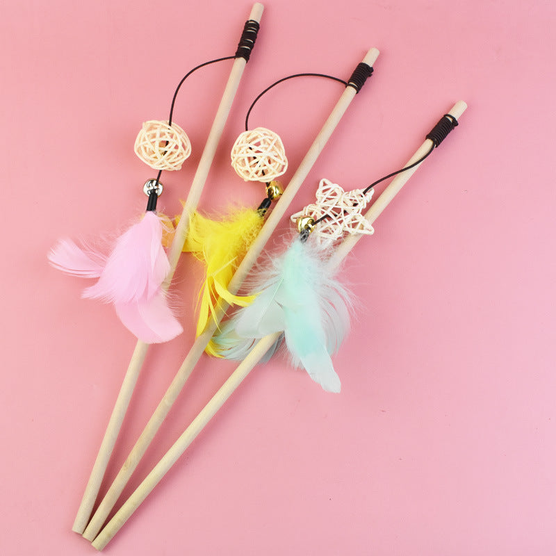 Wooden Pole Bell & Feather Cat Teaser Stick