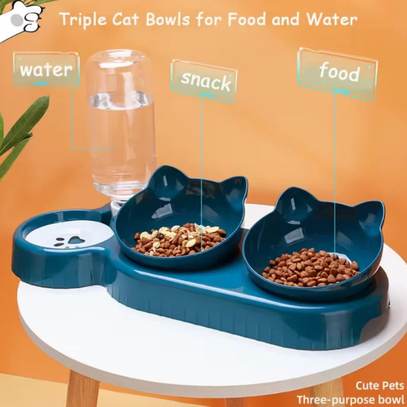 Triple Cat Bowls Pet Feeder, 2-in-1 Double Bowls with Automatic Drinking Bottle, Tilted and Rotatable Design for Cats and Dogs