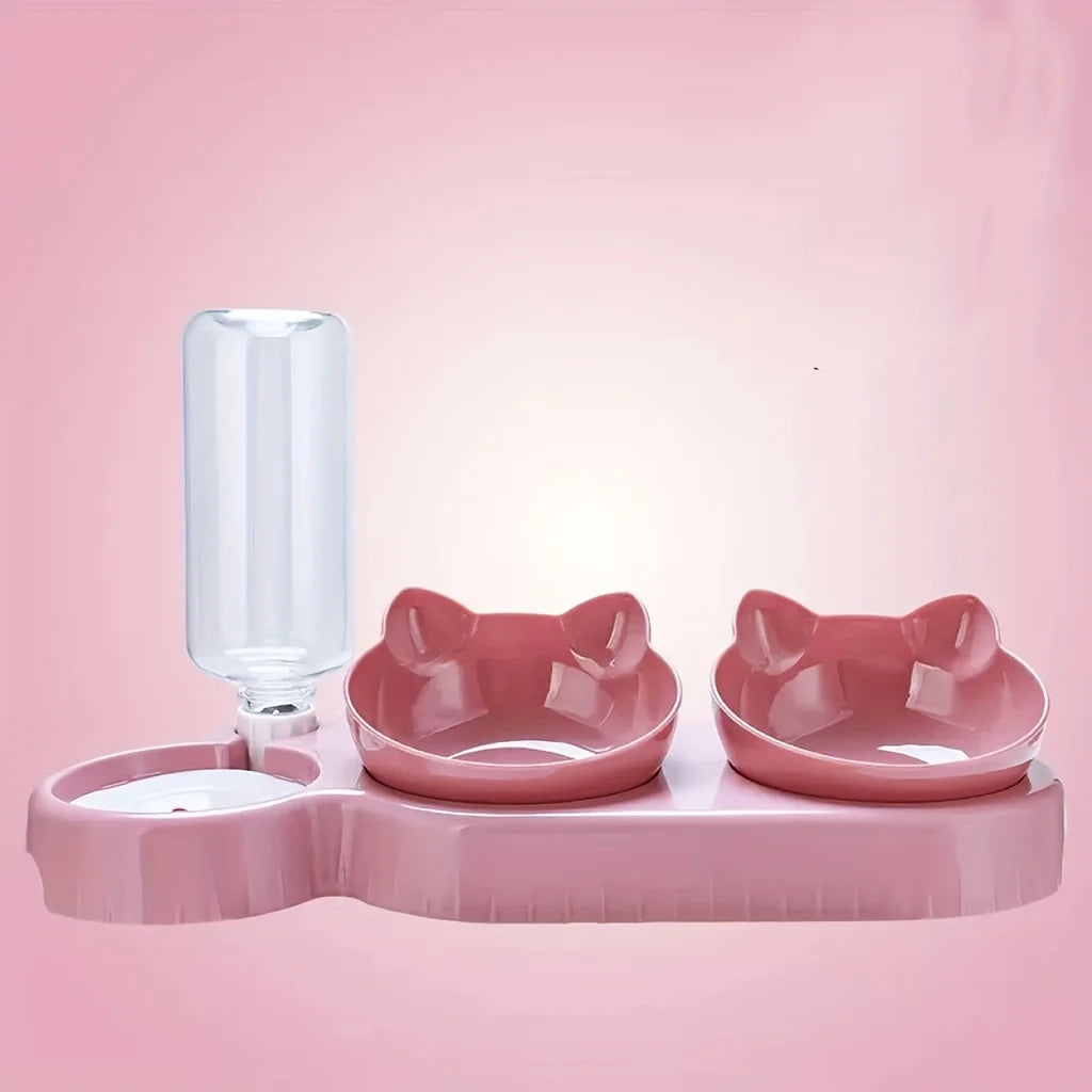 Triple Cat Bowls Pet Feeder, 2-in-1 Double Bowls with Automatic Drinking Bottle, Tilted and Rotatable Design for Cats and Dogs