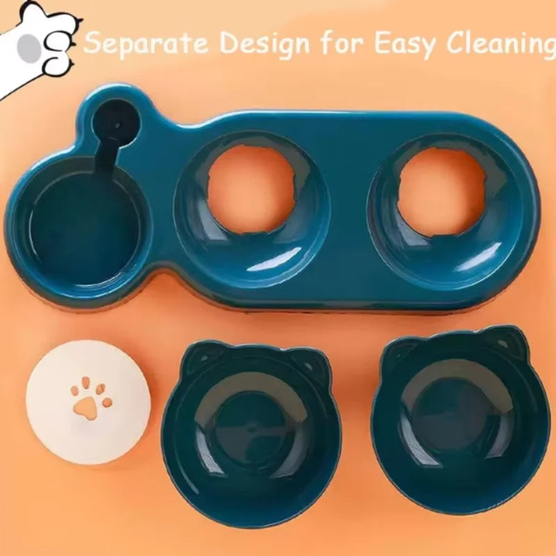 Triple Cat Bowls Pet Feeder, 2-in-1 Double Bowls with Automatic Drinking Bottle, Tilted and Rotatable Design for Cats and Dogs