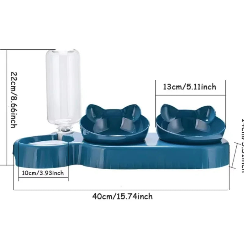 Triple Cat Bowls Pet Feeder, 2-in-1 Double Bowls with Automatic Drinking Bottle, Tilted and Rotatable Design for Cats and Dogs