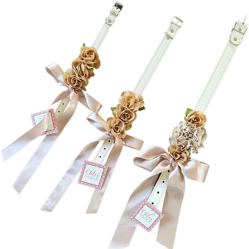 Beige Silk Flowers Wedding Dog Collar - Handmade