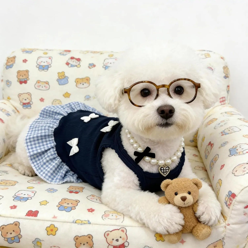 Blue Plaid Small Dog or Cat Dress w/ Glasses & Pearl Necklace Small Dogs