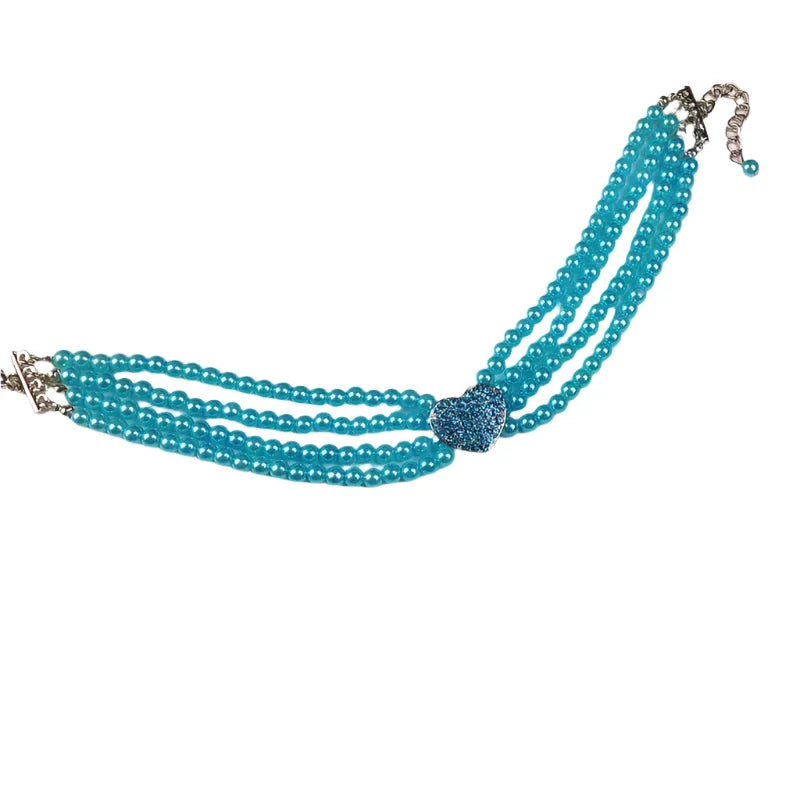 4-Row Pearls Necklace with Rhinestone Heart Pendant