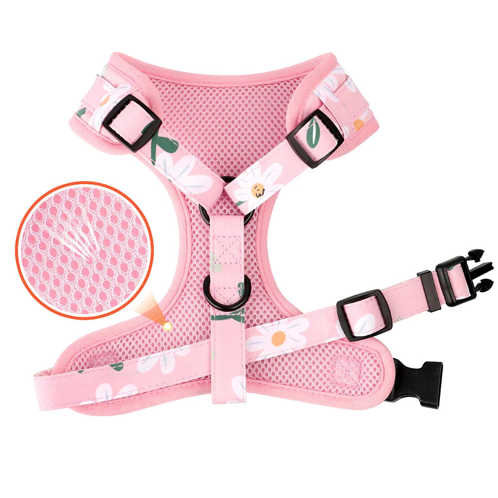 4pc Floral Daisy Dog Collar Harness Leash & Poo Bag Set