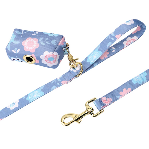 4pc Floral Dog Collar Harness Leash & Poo Bag Set