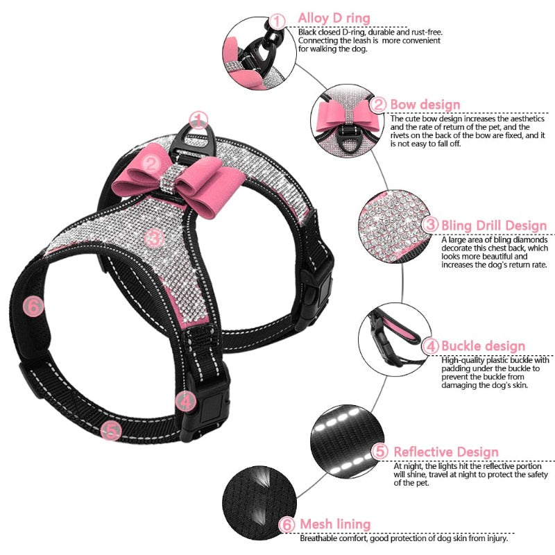 Reflective Bling Rhinestone Bow Dog Harness