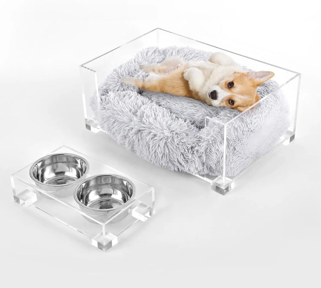 Modern Acrylic Pet Bed & Feeder Set