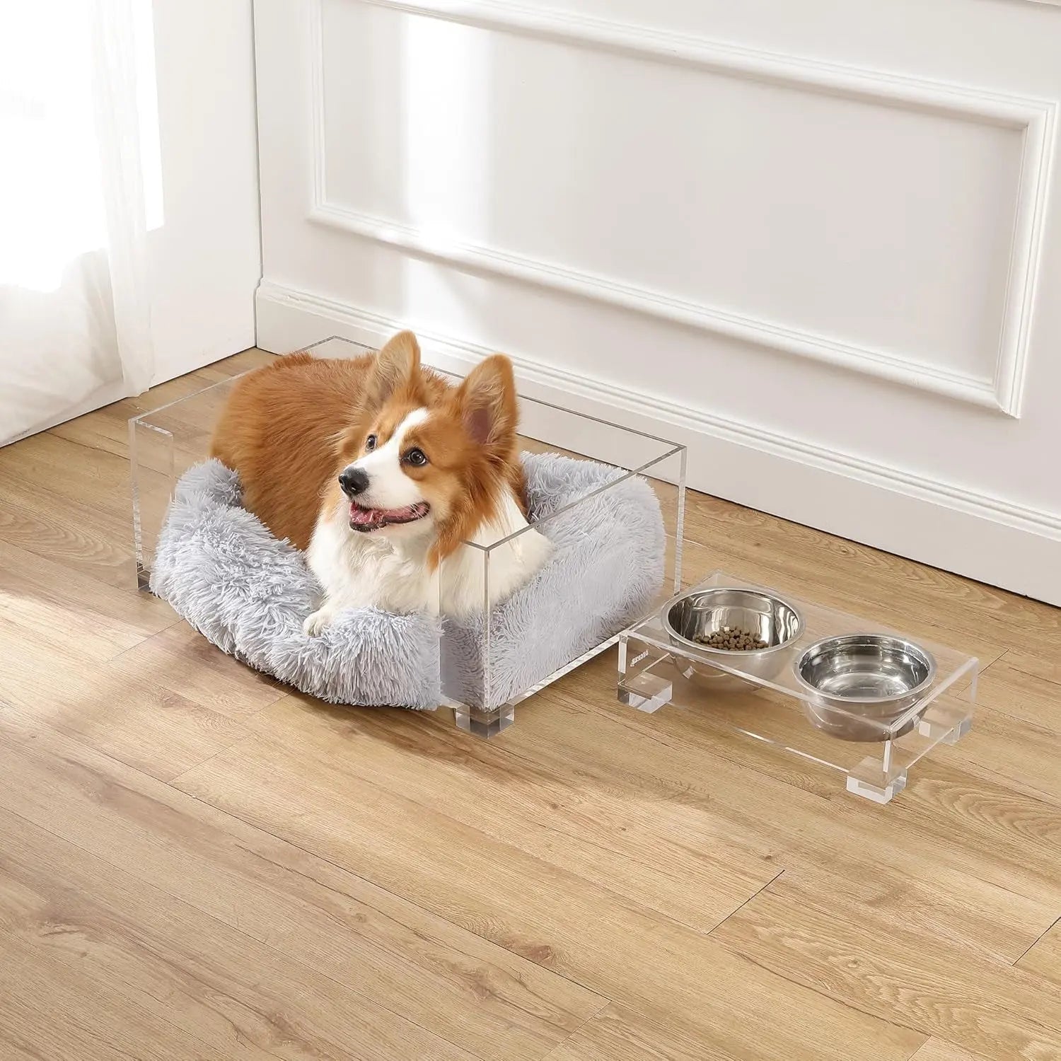 Modern Acrylic Pet Bed & Feeder Set