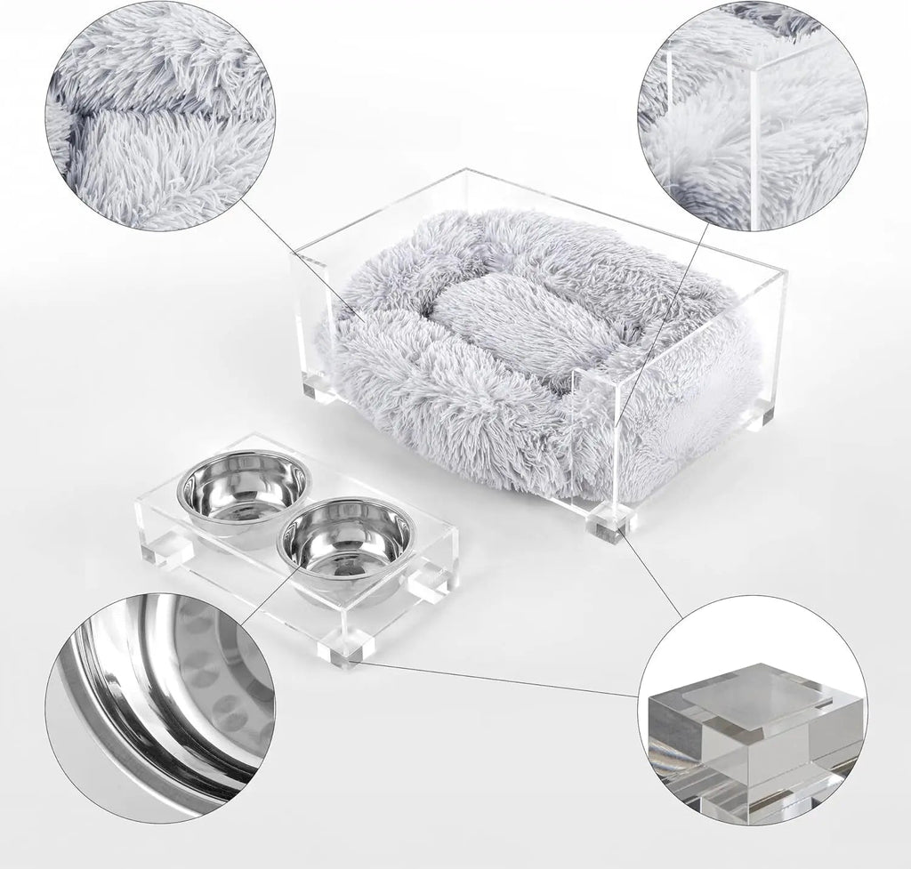 Modern Acrylic Pet Bed & Feeder Set