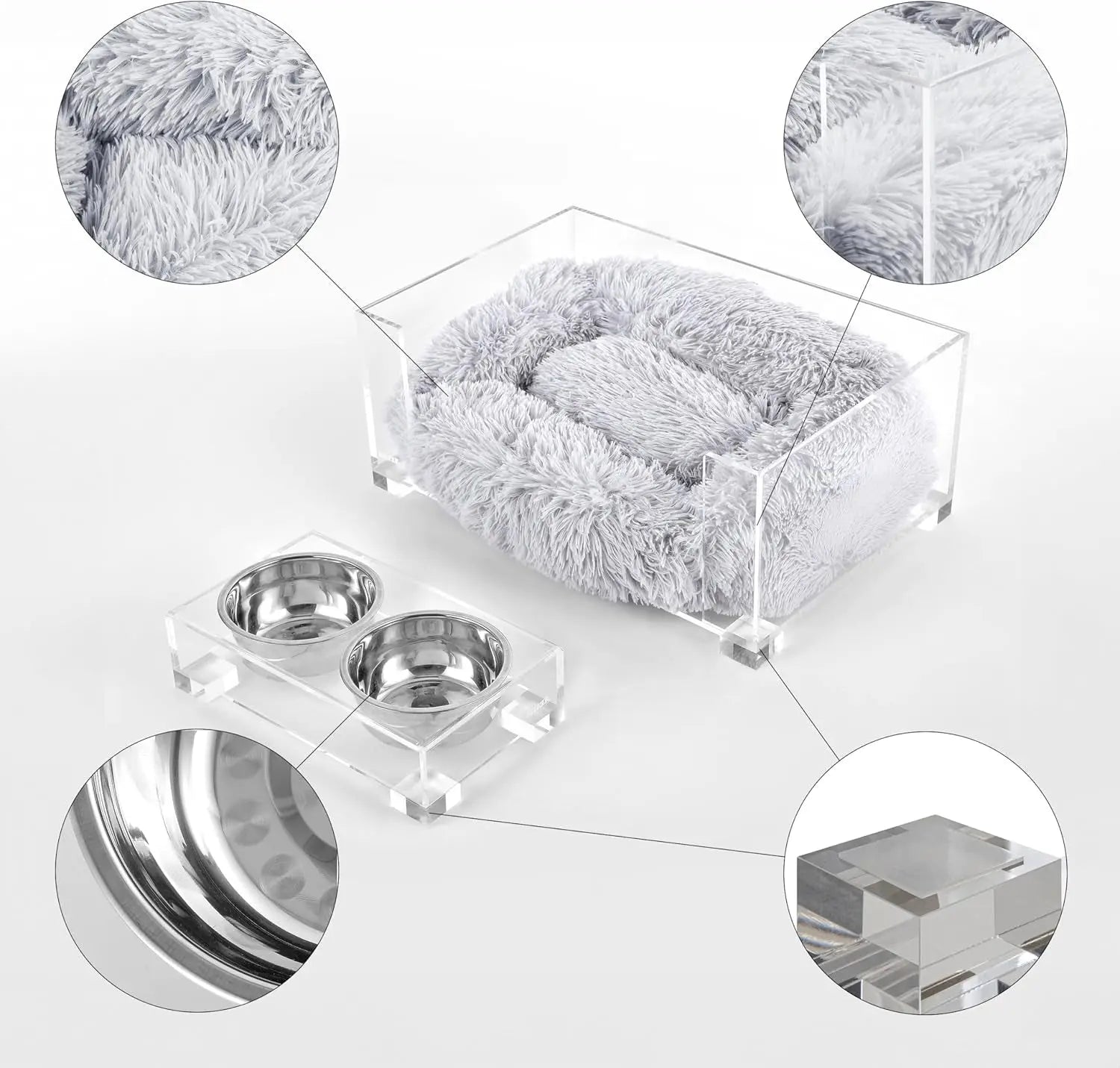 Modern Acrylic Pet Bed & Feeder Set