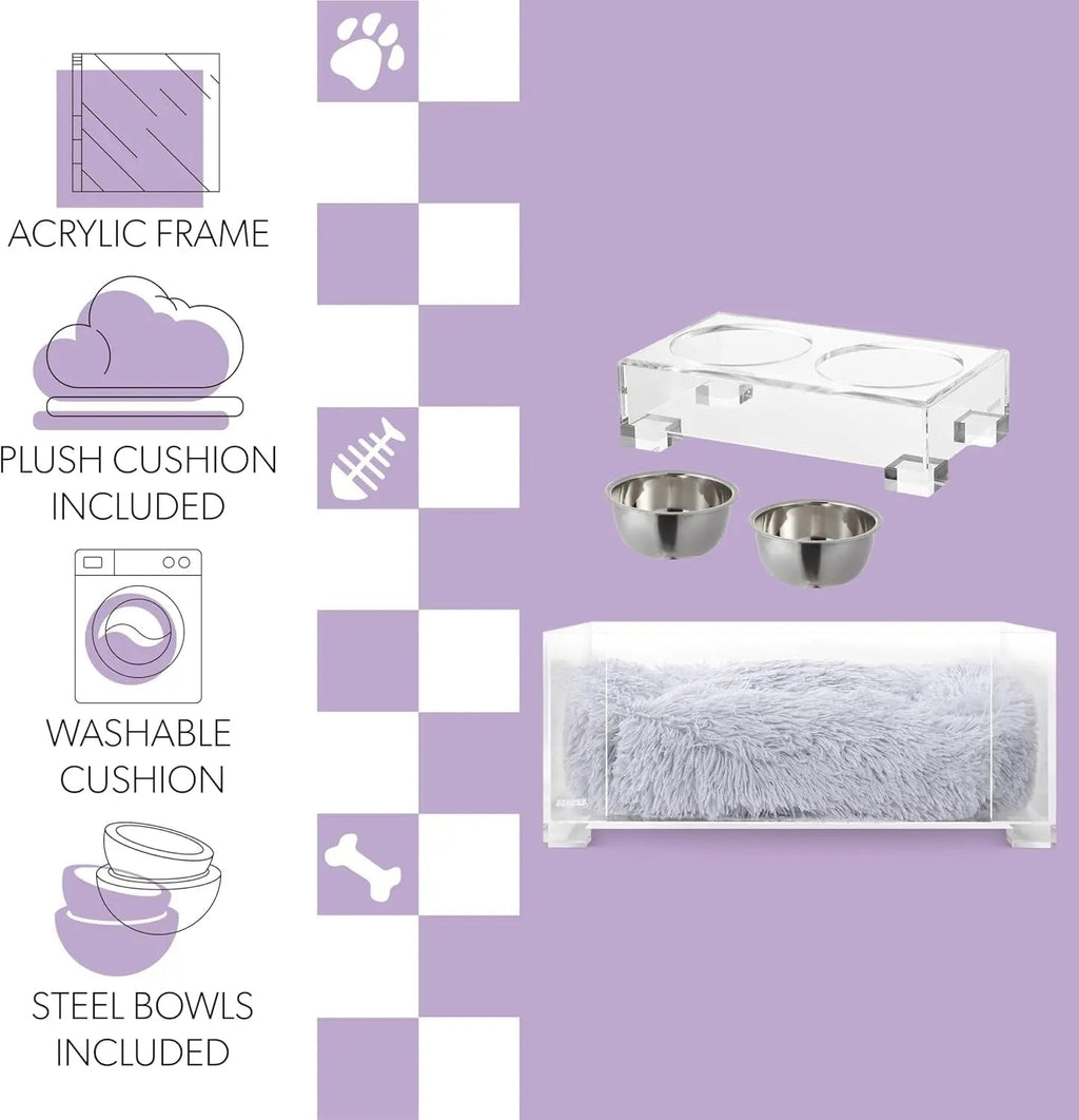 Modern Acrylic Pet Bed & Feeder Set