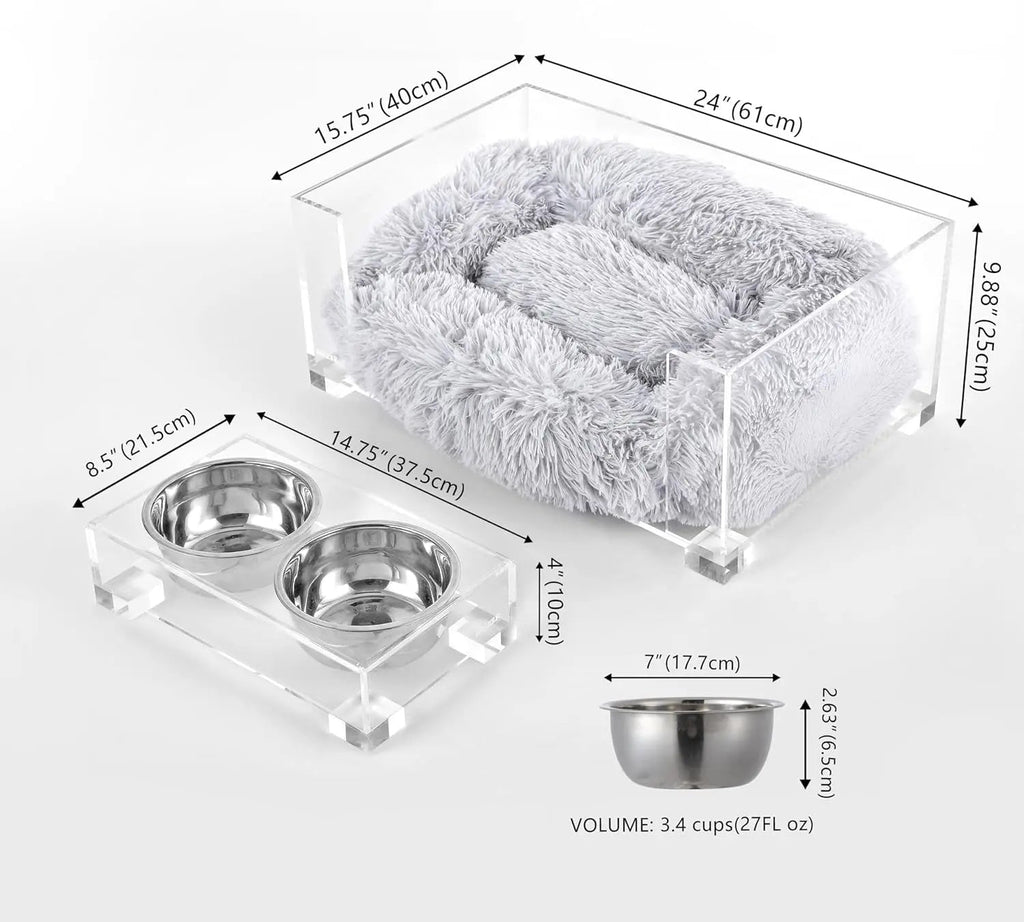Modern Acrylic Pet Bed & Feeder Set
