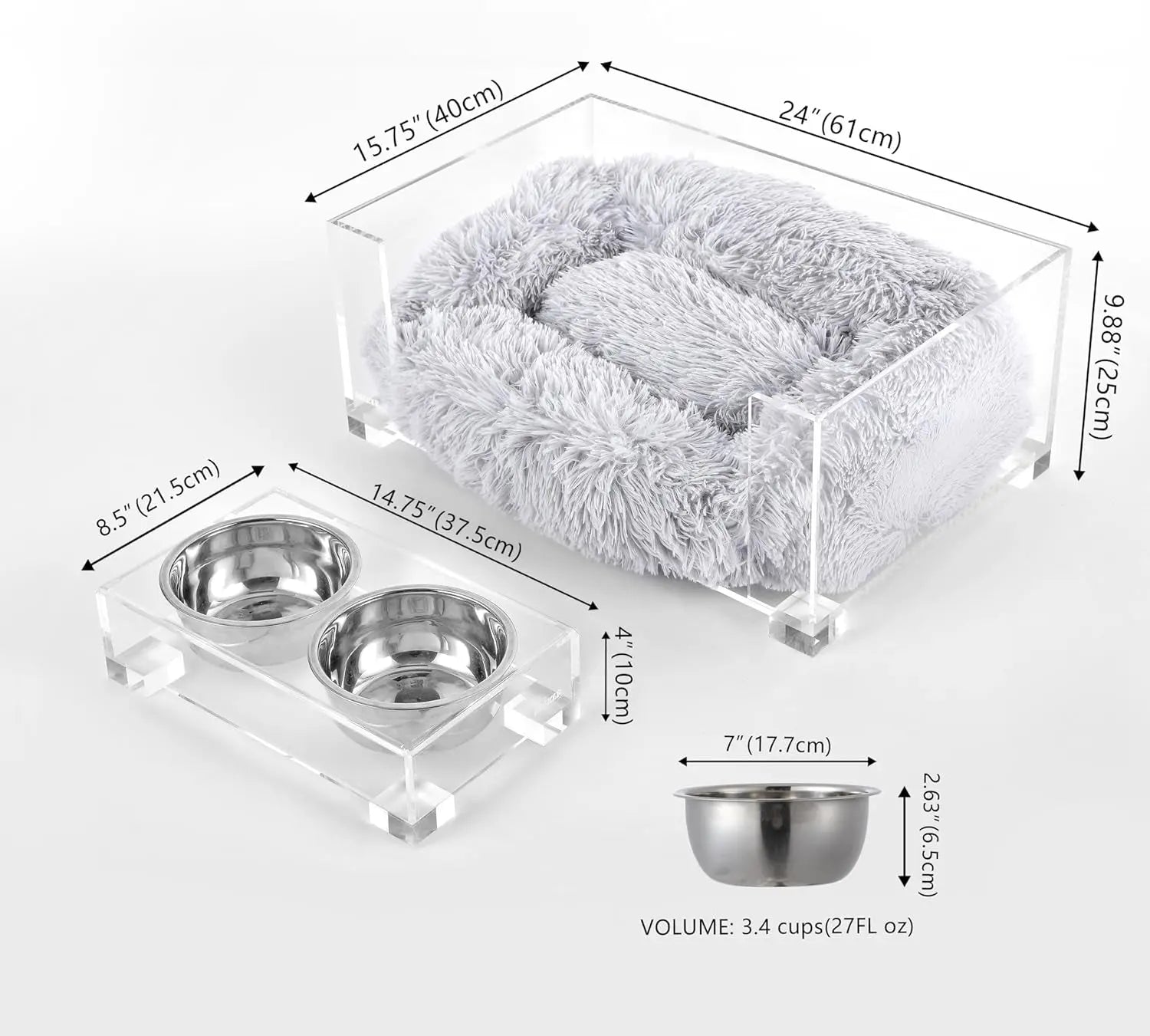 Modern Acrylic Pet Bed & Feeder Set
