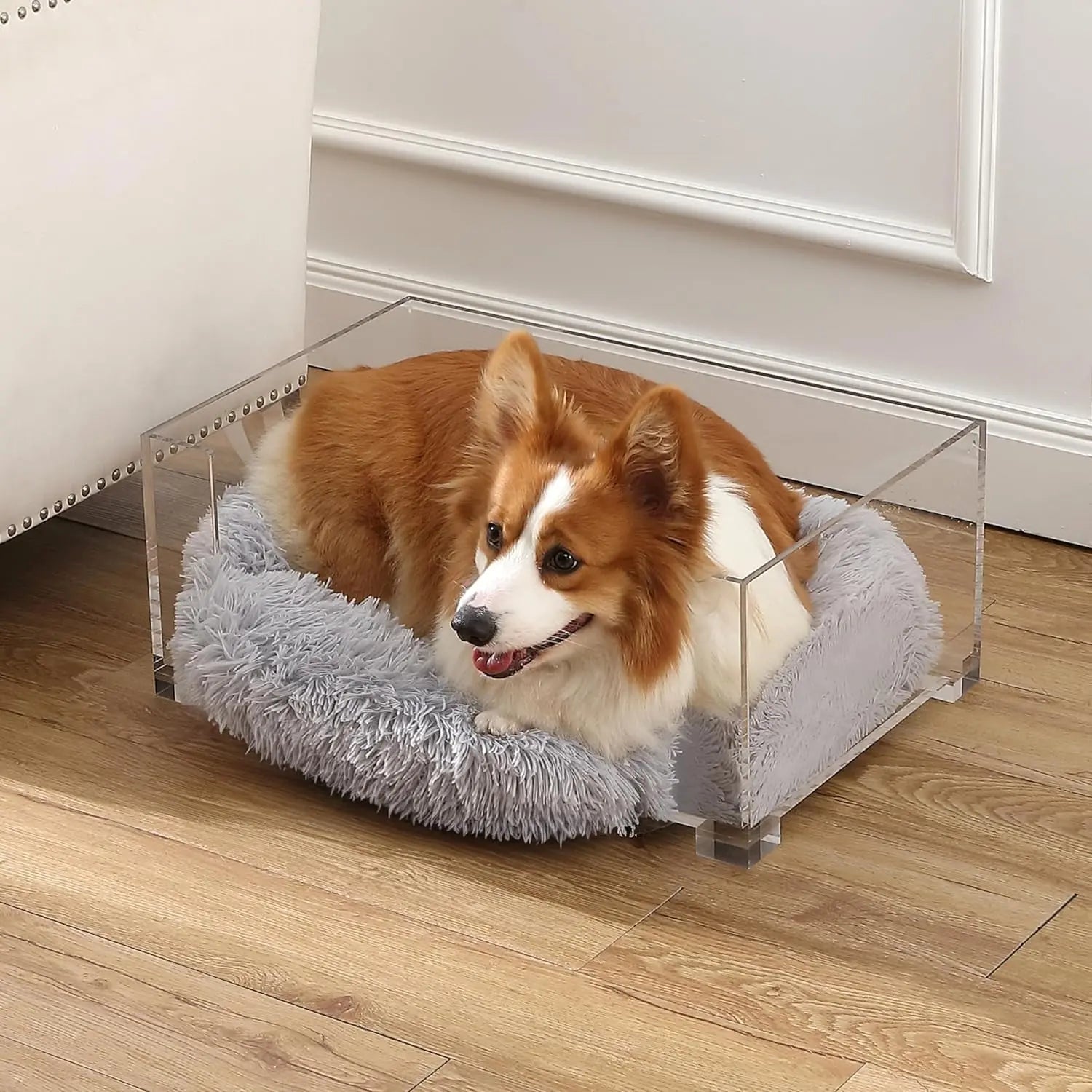 Modern Acrylic Pet Bed & Feeder Set