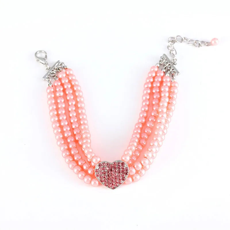 4-Row Pearls Necklace with Rhinestone Heart Pendant