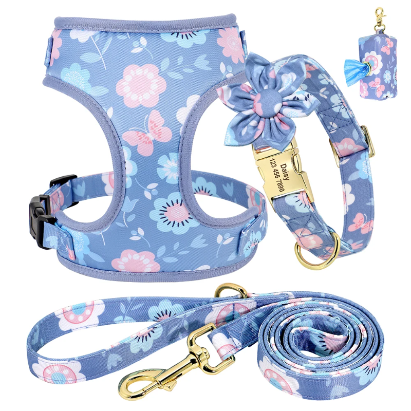 4pc Floral Dog Collar Harness Leash & Poo Bag Set