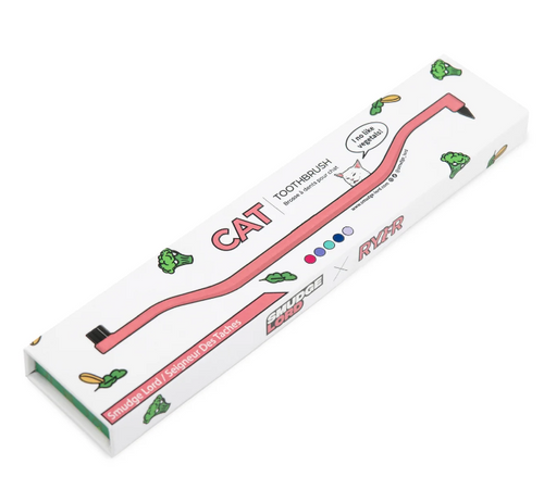 Toothbrush packaging with cartoon cat design on a white background