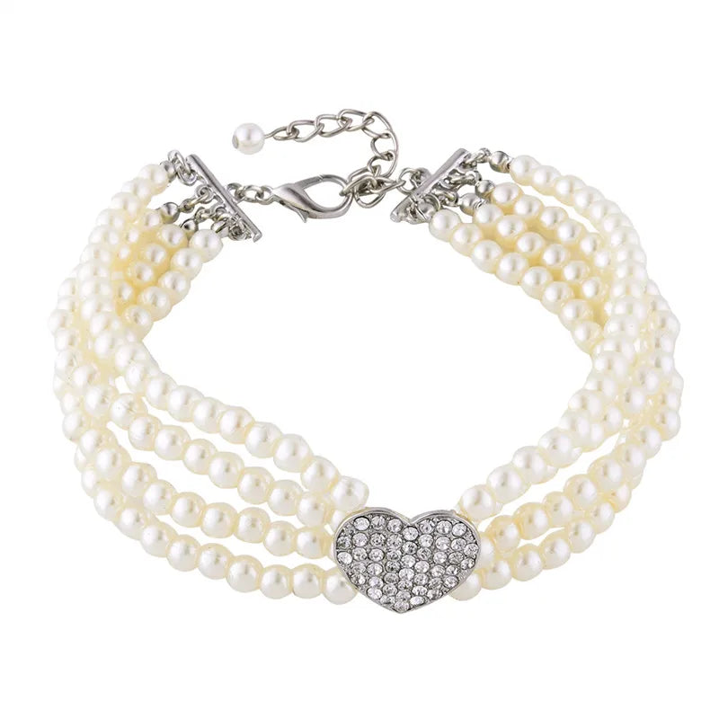 4-Row Pearls Necklace with Rhinestone Heart Pendant