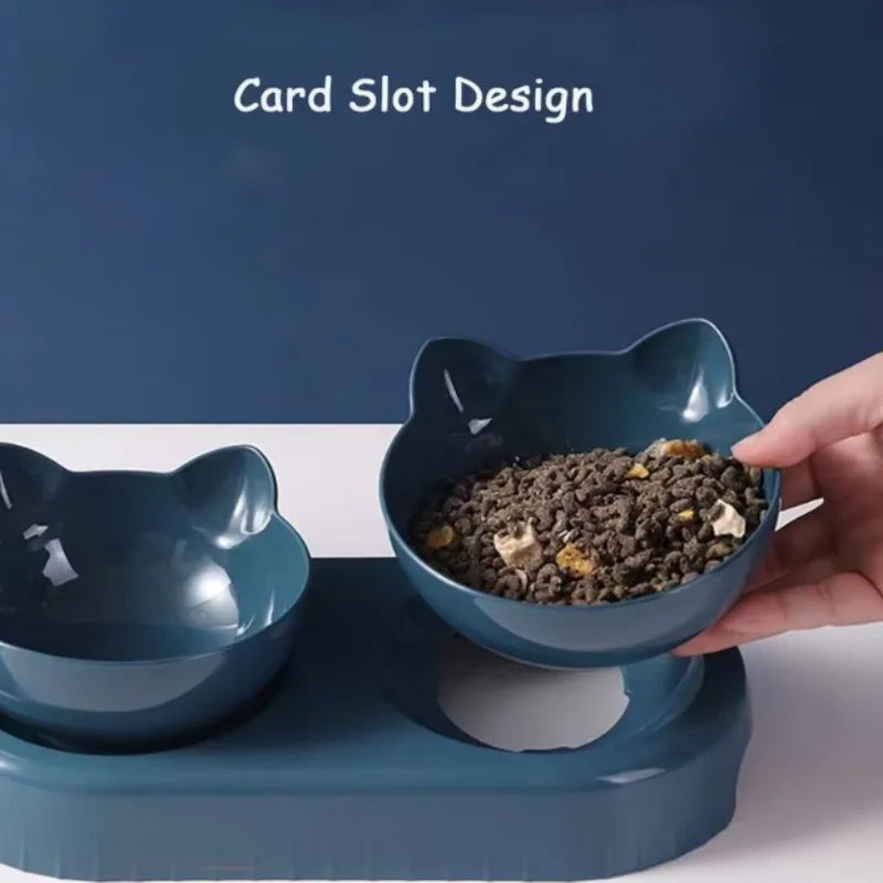 Triple Cat Bowls Pet Feeder, 2-in-1 Double Bowls with Automatic Drinking Bottle, Tilted and Rotatable Design for Cats and Dogs